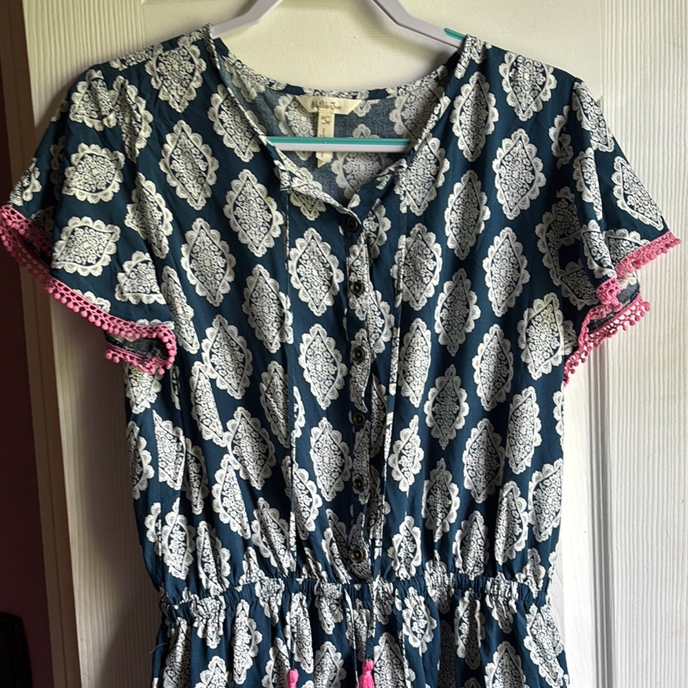 Matilda Jane Blue and White Jumpsuit with Pink Accents